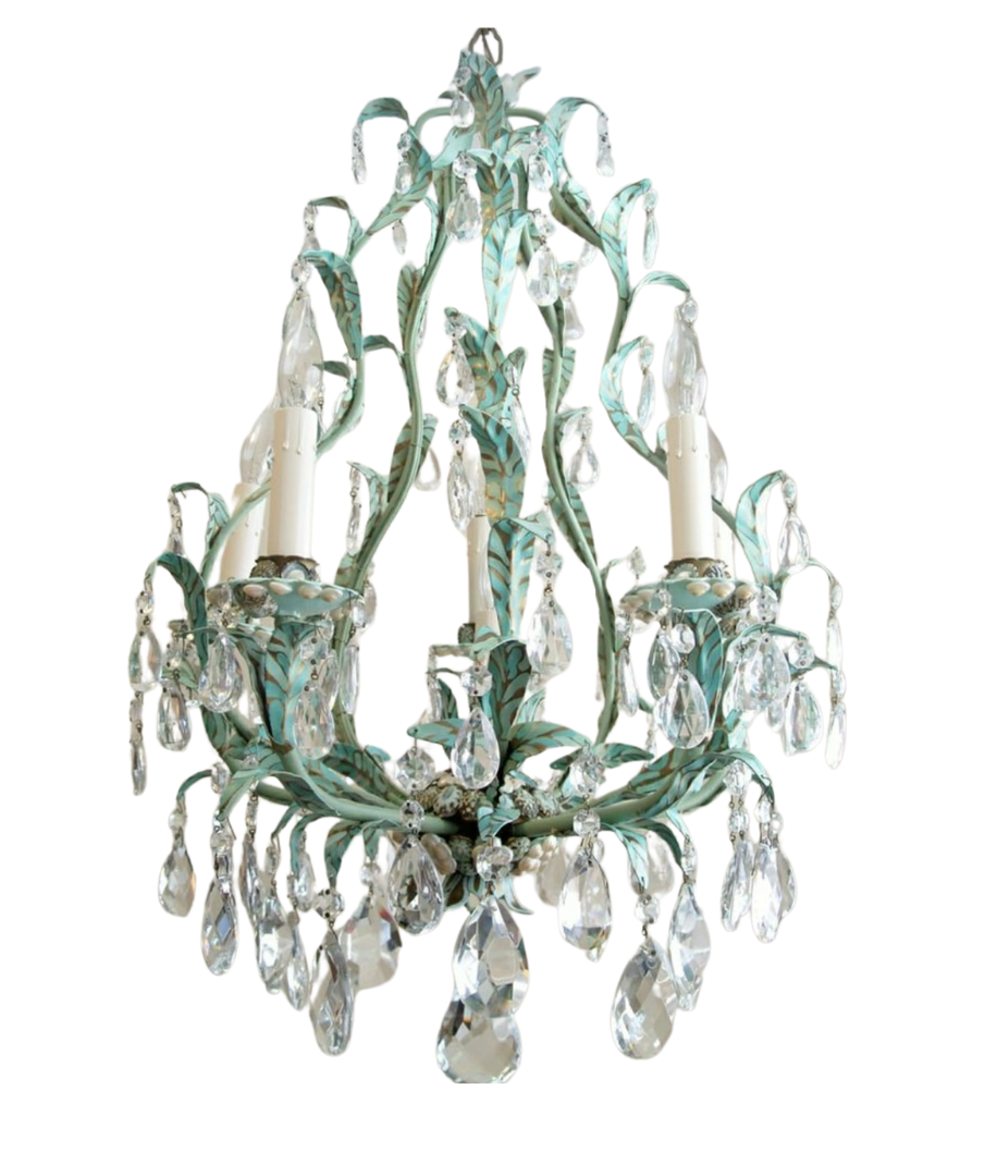 A vintage teal and gold leaf chandelier adorned with hanging crystal teardrops.
