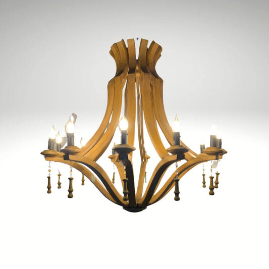 A rustic wooden chandelier featuring curved arms, candle-style light bulbs