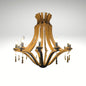 A rustic wooden chandelier featuring curved arms, candle-style light bulbs