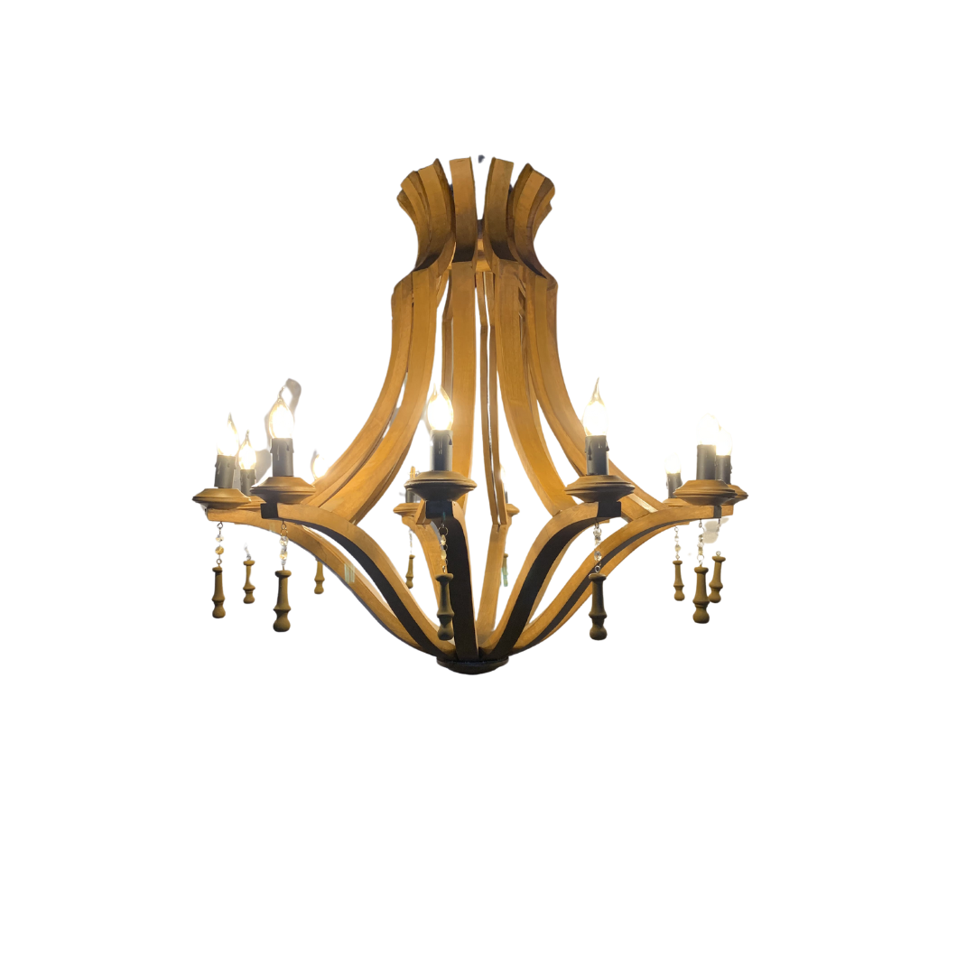 A rustic wooden chandelier featuring curved arms, candle-style light bulbs