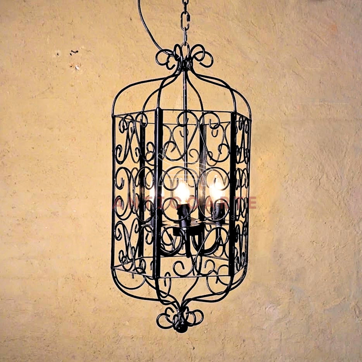 Rustic wrought iron cage chandelier hanging lantern light fixture for home decor.