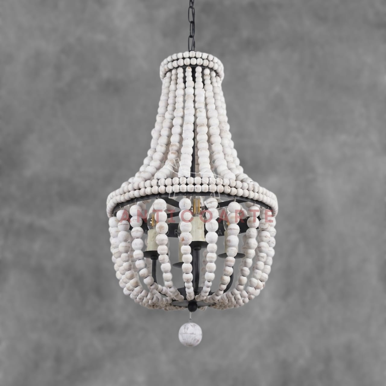 AnticoArte Whitewashed Wood Bead Empire Chandelier | Boho Coastal Beaded Basket Chandelier | 4-Light French Country Wood Bead Ceiling Light for Bedroom, Dining Room & Boutique Hotel Décor