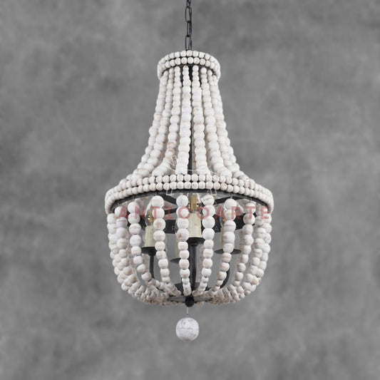 AnticoArte Whitewashed Wood Bead Empire Chandelier | Boho Coastal Beaded Basket Chandelier | 4-Light French Country Wood Bead Ceiling Light for Bedroom, Dining Room & Boutique Hotel Décor