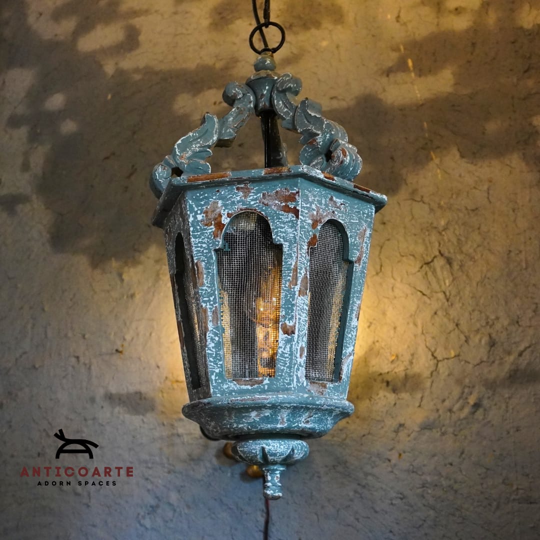 AnticoArte Gothic Arch Lantern Pendant Light | Distressed Grey Cast Iron Mesh Panel Hanging Lantern | Heritage Victorian Street Lantern Ceiling Light for Entryway, Corridor & Boutique Hotel Décor