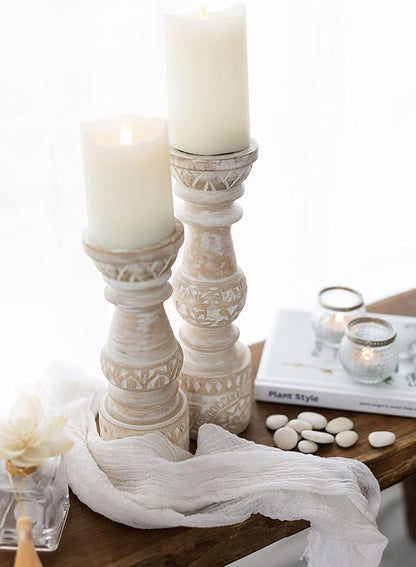 Handcrafted Antique White Wooden Candle Holder Set of 2 -Anticoarte