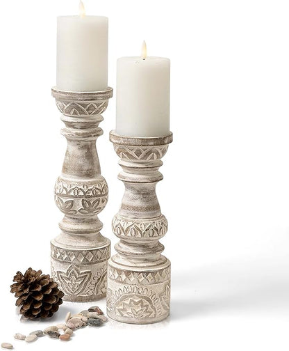 Handcrafted Antique White Wooden Candle Holder Set of 2 -Anticoarte