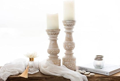 Handcrafted Antique White Wooden Candle Holder Set of 2 -Anticoarte