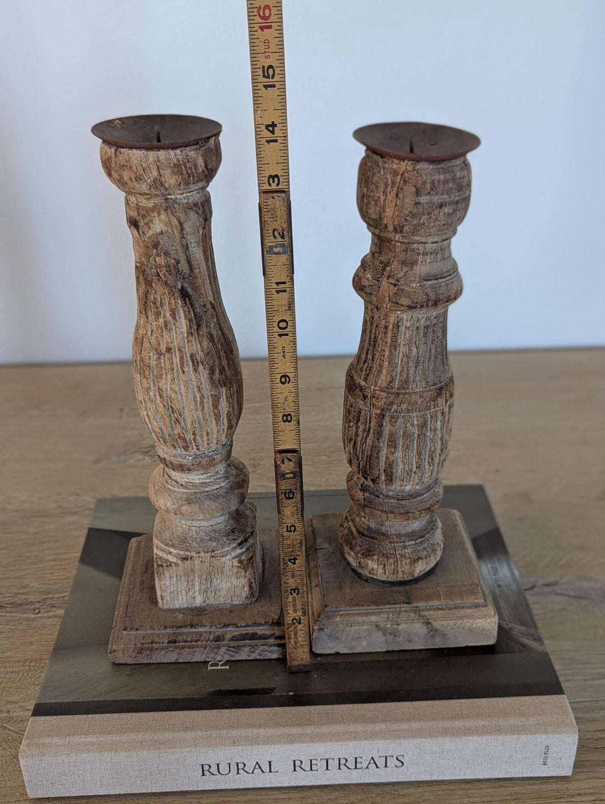 Two vintage-style turned wood candle holders 