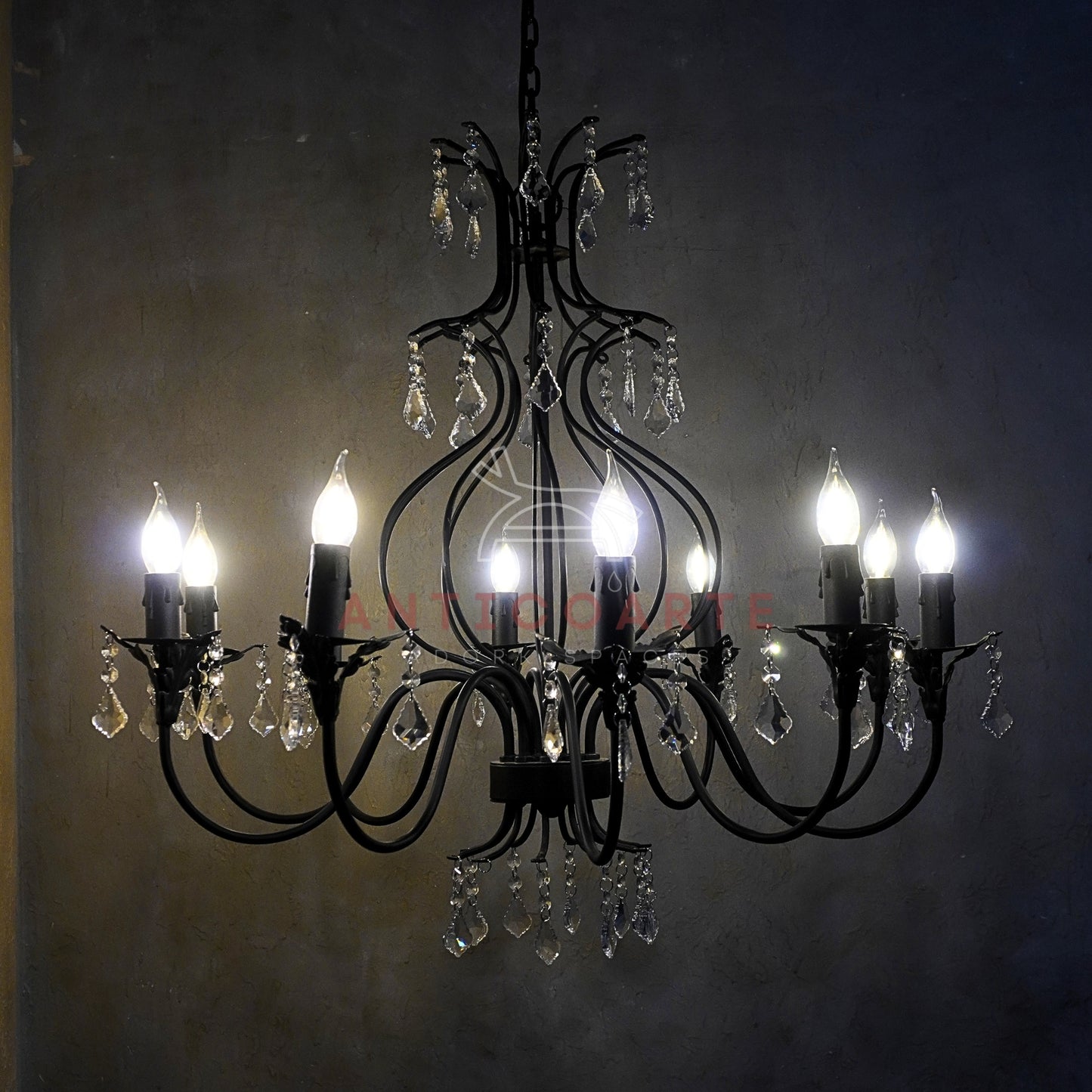 AnticoArte 10-Arm Grand Black Iron Crystal Chandelier | Hand-Forged Wrought Iron Candelabra with Crystal Drops | French Empire Statement Ceiling Light for Dining Room, Hotel Lobby & Heritage Décor