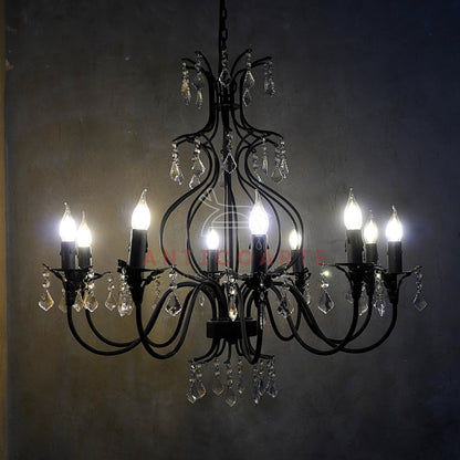AnticoArte 10-Arm Grand Black Iron Crystal Chandelier | Hand-Forged Wrought Iron Candelabra with Crystal Drops | French Empire Statement Ceiling Light for Dining Room, Hotel Lobby & Heritage Décor